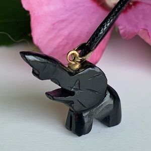 Black Nephrite Jade Elephant Pendant Necklace Carved Lucky Healing Stone Pet 20”